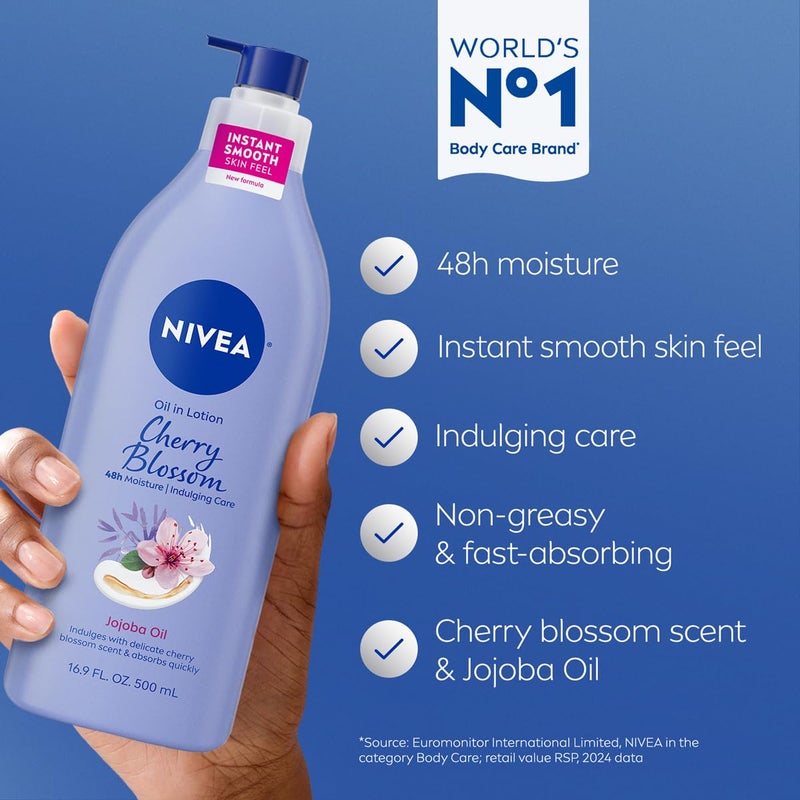 NIVEA Oil Infused Cherry Blossom and Jojoba Oil Body Lotion for Women, Fast-Absorbing and Non-Greasy Cherry Blossom Scented Lotion Moisturizes for 48 Hours, 16.9 Fl Oz Pump Bottle - Image 3