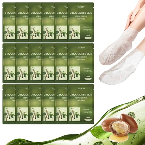 TEAWOO 18 Pairs Moisturizing Foot Masks with Shea Butter, Jojoba Oil, Vitamin E & Urea, Intensely Hydrating Foot Mask For Dry Cracked Feet, Moisturizing Socks for Cracked Heel Treatment - Image 1