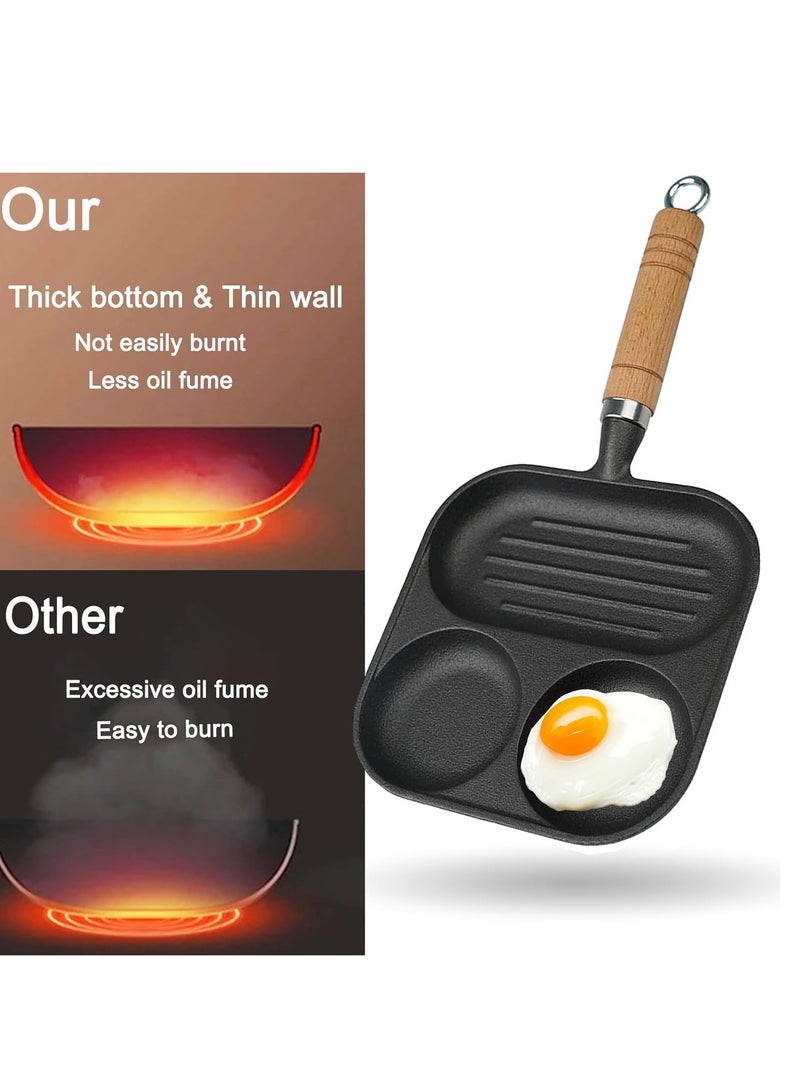 Nonstick Frying Pan,3-in-1 Cast Iron Egg Pan Divided Grill Pan,3-Section Versatile Breakfast Skillet,Cooking Pan for Egg,Steak and Burgers (Black) - Image 3