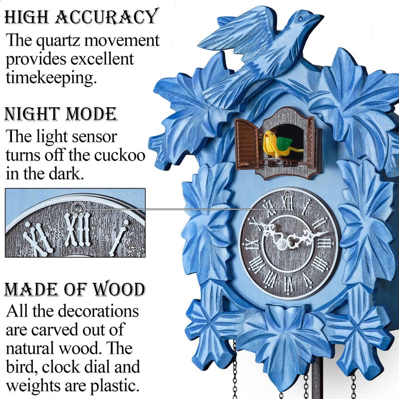 TIMEGEAR Cuckoo Clock with Night Mode, Hand Carved Decorations and Swinging Pendulum (Blue) - Image 2