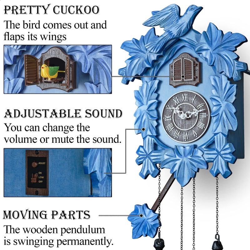 TIMEGEAR Cuckoo Clock with Night Mode, Hand Carved Decorations and Swinging Pendulum (Blue) - Image 3