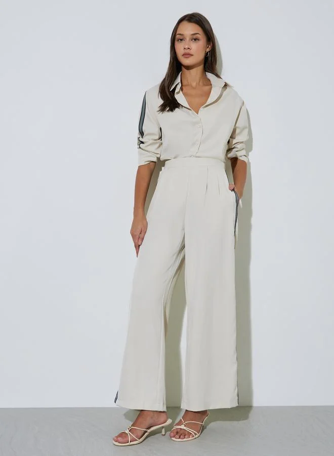Styli Off White Solid Wide Leg Pants with Side Lace Detail