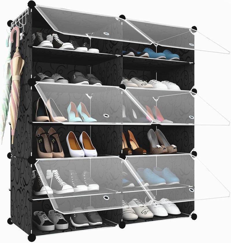 HOMICKER Shoe Rack Organizer 24 Pair Shoe Storage Cabinet with Door Expandable Plastic Shoe Shelves for ClosetHeelsBootsSlippers6 Tier