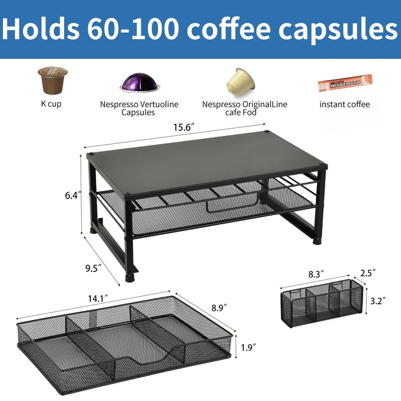 Spacrea K Cup Holder Organizer- Coffee Pod Holder for Counter with 2 Tier Sliding Storage Drawer, Coffee Station Bar Accessories Holder, 63 Large or 80 Small Capsules, Home Kitchen (Black) - Image 3