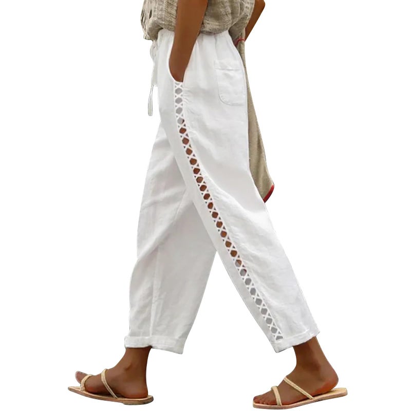 Puimentiua Women's White Linen Capri Pants with Drawstring Petite Summer Beachwear Lightweight Elastic Waist Pants, L - Image 1