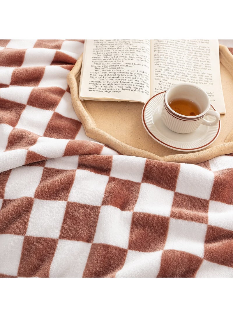 SYOSI Soft Throw Blanket, Reversible Checkerboard Caramel, Warm Cozy Fluffy Plush Lightweight Blanket for Couch, Sofa, Bed - Image 3