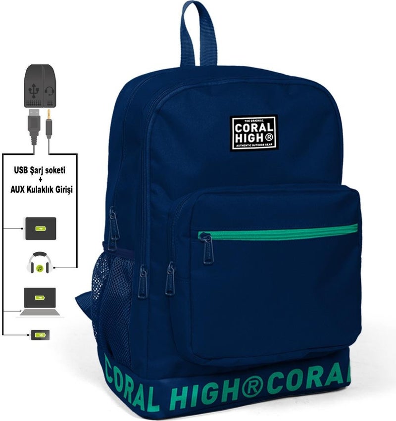 CORAL HIGH Embroidery Logo Navy Blue Backpack with USB Charging Headphone Output 24107 