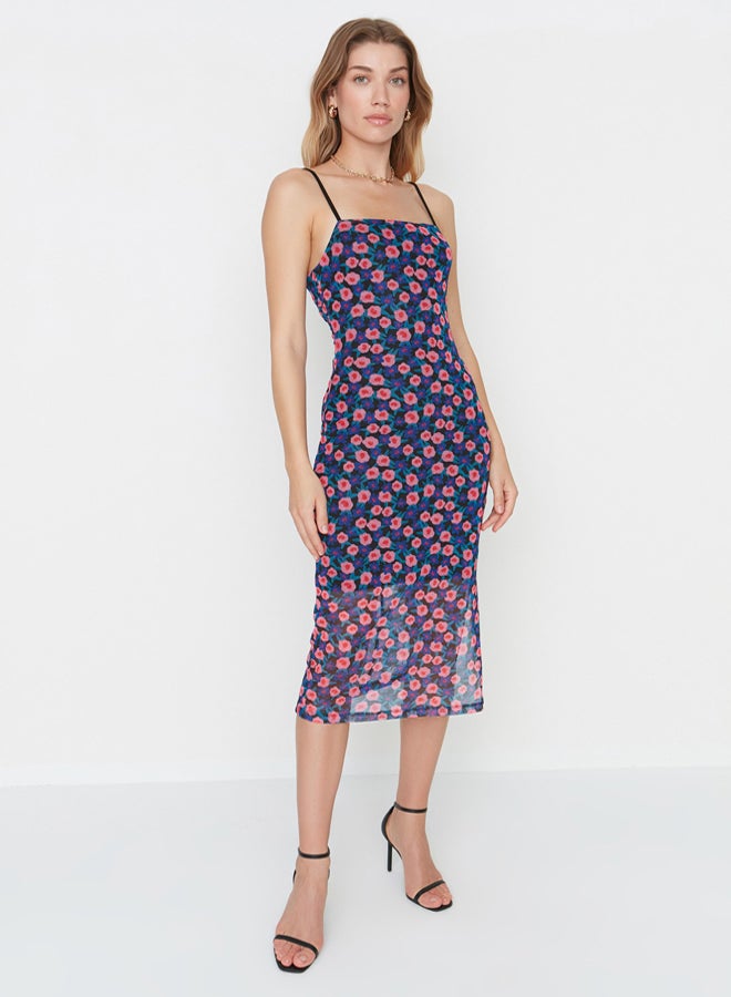 trendyol Purple Strap Fitted Square Neck Tulle Midi Flexible Knitted Pencil Dress - Image 2