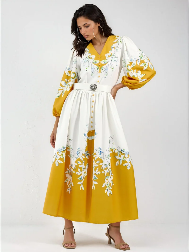 Jennyfer Floral Maxi Dress with V-Neck and Button Detail