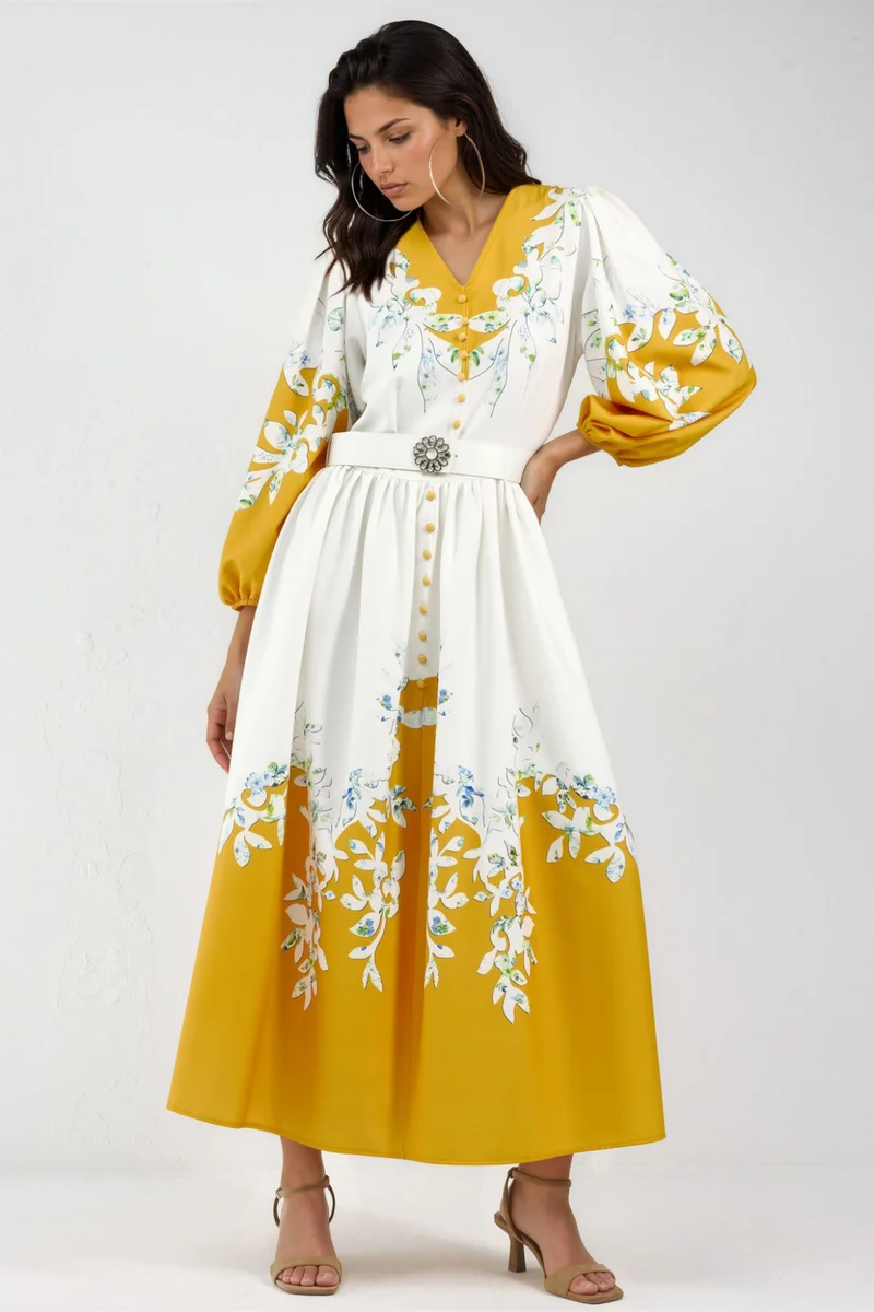 جينيفر Floral Maxi Dress with V-Neck and Button Detail
