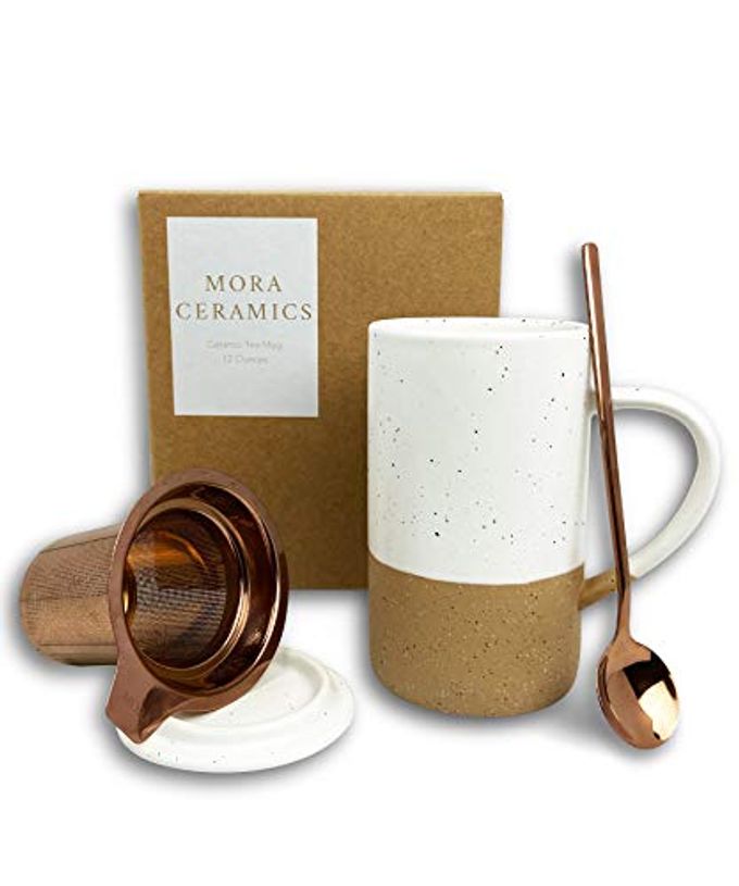 Mora 12oz Ceramic Tea Cup with Infuser, Spoon, Lid - Microwave & Dishwasher Safe - Image 1