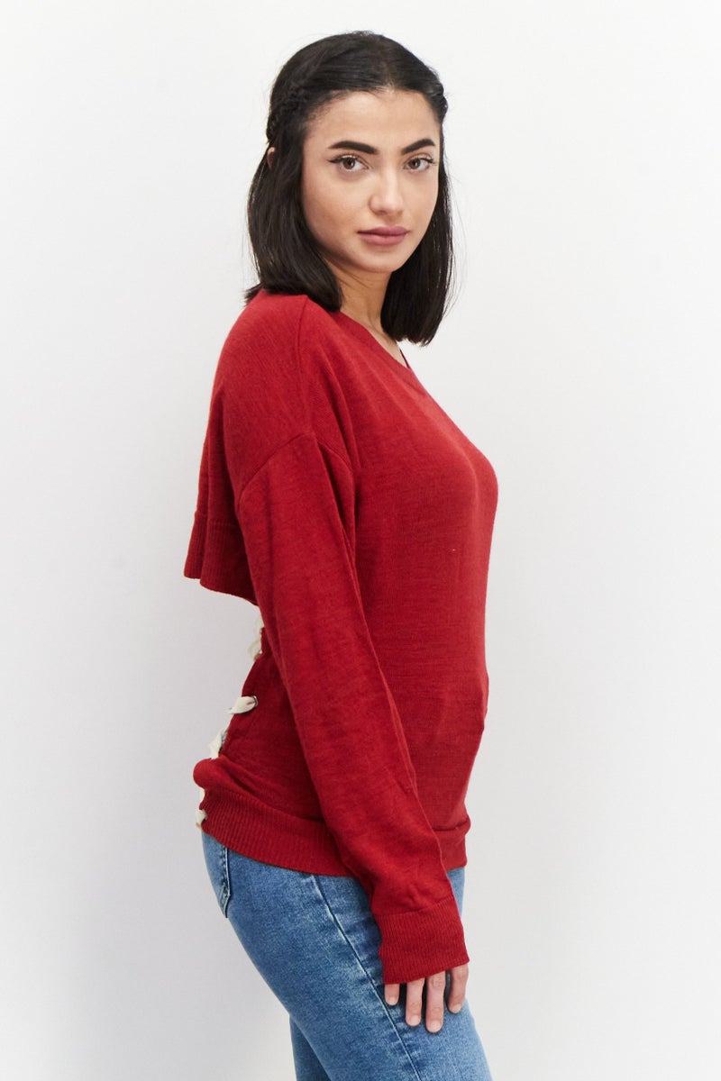 NA-KD Women Crew Neck Open Back Knitted Sweater, Red - Image 2