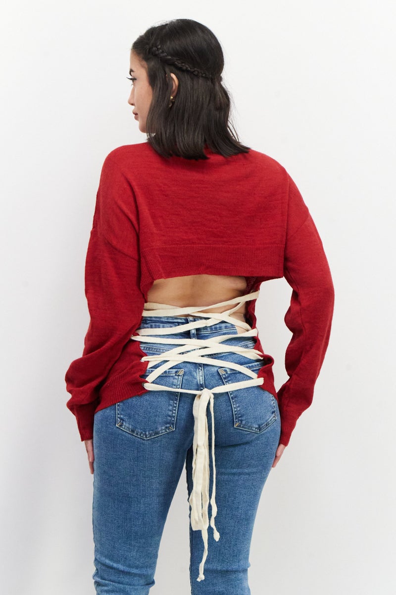 NA-KD Women Crew Neck Open Back Knitted Sweater, Red - Image 4