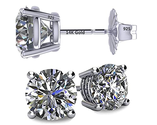 Central Diamond Center 14K Solid Gold Post & Sterling Silver 4 Prong CZ Stud Earrings - Platinum Plated - 10.0mm - 8.00cttw - Image 1