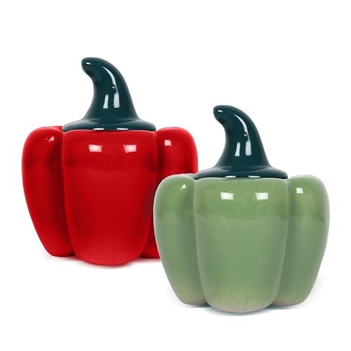 QIMACPLUS Ceramic Capsicum Decorative Pickle Jar| Food Storage Jar | Multipurpose aachar, masala Jar For kitchen and Dining table 500 ML set of 2 Green and Pink - Image 1