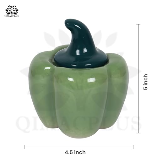 QIMACPLUS Ceramic Capsicum Decorative Pickle Jar| Food Storage Jar | Multipurpose aachar, masala Jar For kitchen and Dining table 500 ML set of 2 Green and Pink - Image 2