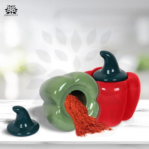QIMACPLUS Ceramic Capsicum Decorative Pickle Jar| Food Storage Jar | Multipurpose aachar, masala Jar For kitchen and Dining table 500 ML set of 2 Green and Pink - Image 3