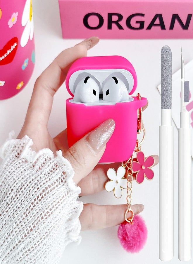OTOPO Cute Rose Pink Case for Airpods 4 Cover for Girl Women with Pom pom Flower Charms Keychain & Cleaner Kit, Soft Silicone Airpods iPod 4th Gen Protective Cover Skin for Airpod 4 2024 - Image 1