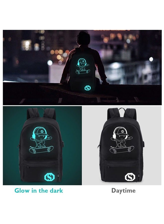Pawsky Skateboard Anime Luminous School Backpack with USB Charging Port, Anti Theft Lock, Sling Bag & Pencil Case for Teen Boys and Girls, College Bookbag Lightweight Laptop Bag, Black - Image 3