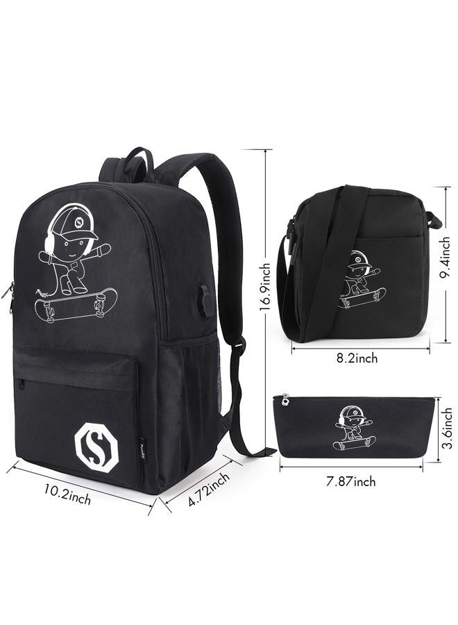 Pawsky Skateboard Anime Luminous School Backpack with USB Charging Port, Anti Theft Lock, Sling Bag & Pencil Case for Teen Boys and Girls, College Bookbag Lightweight Laptop Bag, Black - Image 5