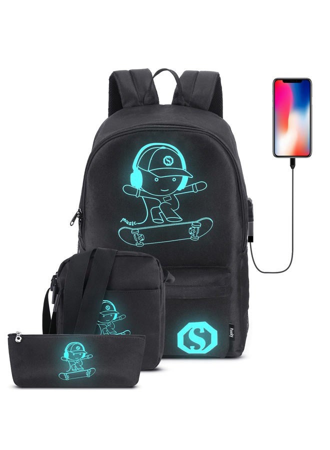 Pawsky Skateboard Anime Luminous School Backpack with USB Charging Port, Anti Theft Lock, Sling Bag & Pencil Case for Teen Boys and Girls, College Bookbag Lightweight Laptop Bag, Black - Image 1