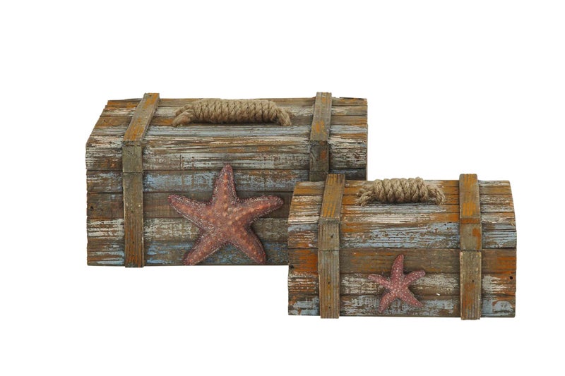 Deco 79 Wood Starfish Handmade Decorative Box Distressed Decorative Keepsake Boxes with Knotted Rope Details, Set of 2 Storage Boxes 10", 7"W, Brown - Image 1