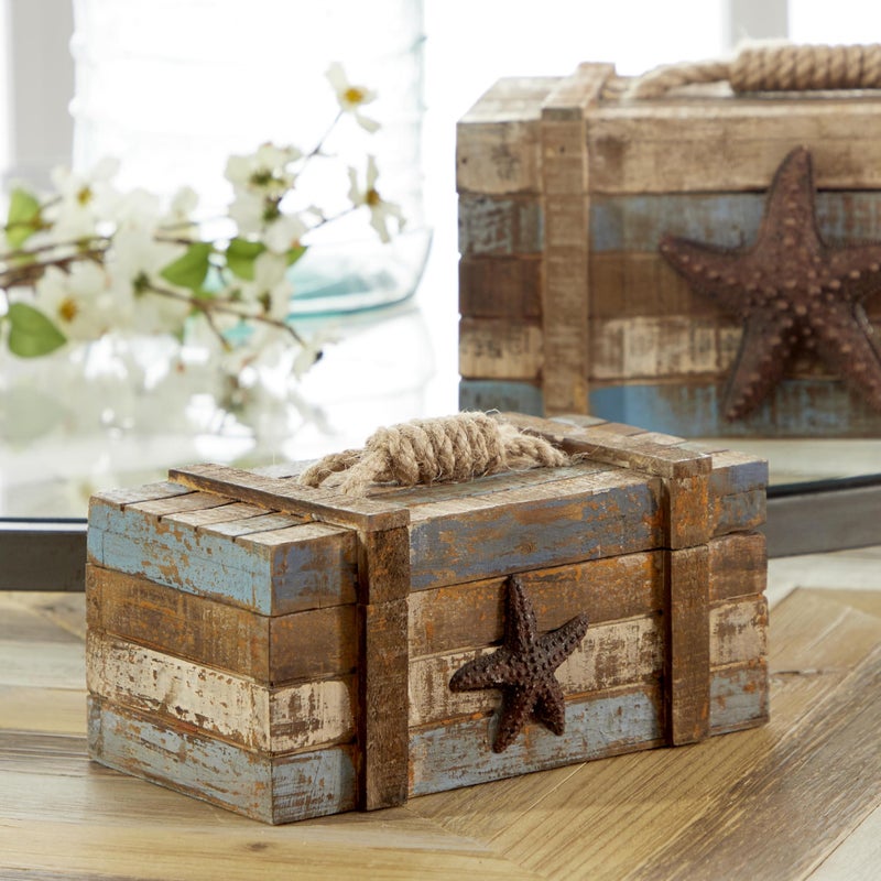 Deco 79 Wood Starfish Handmade Decorative Box Distressed Decorative Keepsake Boxes with Knotted Rope Details, Set of 2 Storage Boxes 10", 7"W, Brown - Image 3