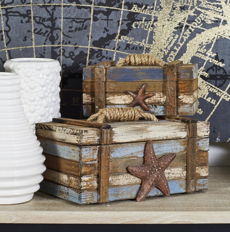Deco 79 Wood Starfish Handmade Decorative Box Distressed Decorative Keepsake Boxes with Knotted Rope Details, Set of 2 Storage Boxes 10", 7"W, Brown - Image 5