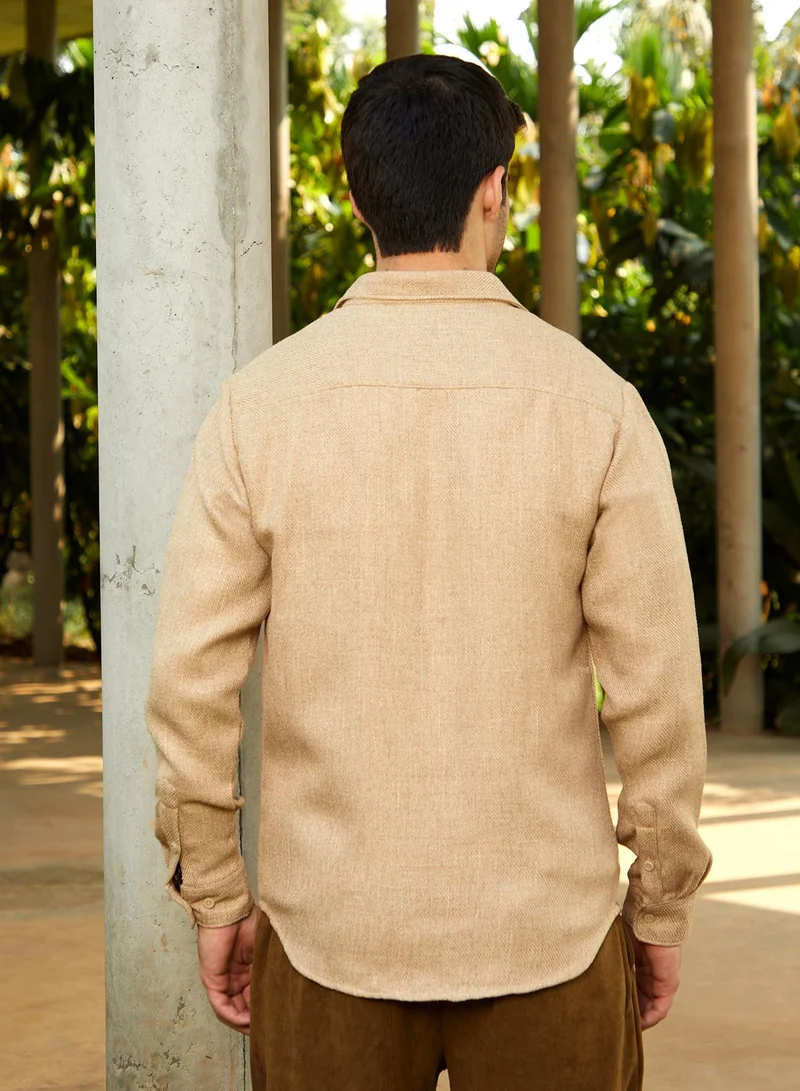 كامبوس سوترا Men's Sand Beige Solid Woven Shirt