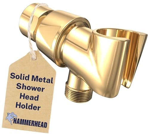 HammerHead Showers Solid Metal Handheld Shower Head Holder Polished Brass Adjustable Shower Wand Holder with Universal Wall Hook Bracket and Brass Pivot Ball Hand Held Shower Head Holder - Image 1