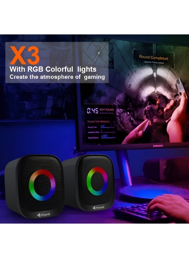 Kisonli X3 Multimedia USB 2.0 Speaker - High-Quality 2.0 Stereo Sound - Circular Breathing RGB Lighting - Music, Game, and Movie Mode - Black - Image 3