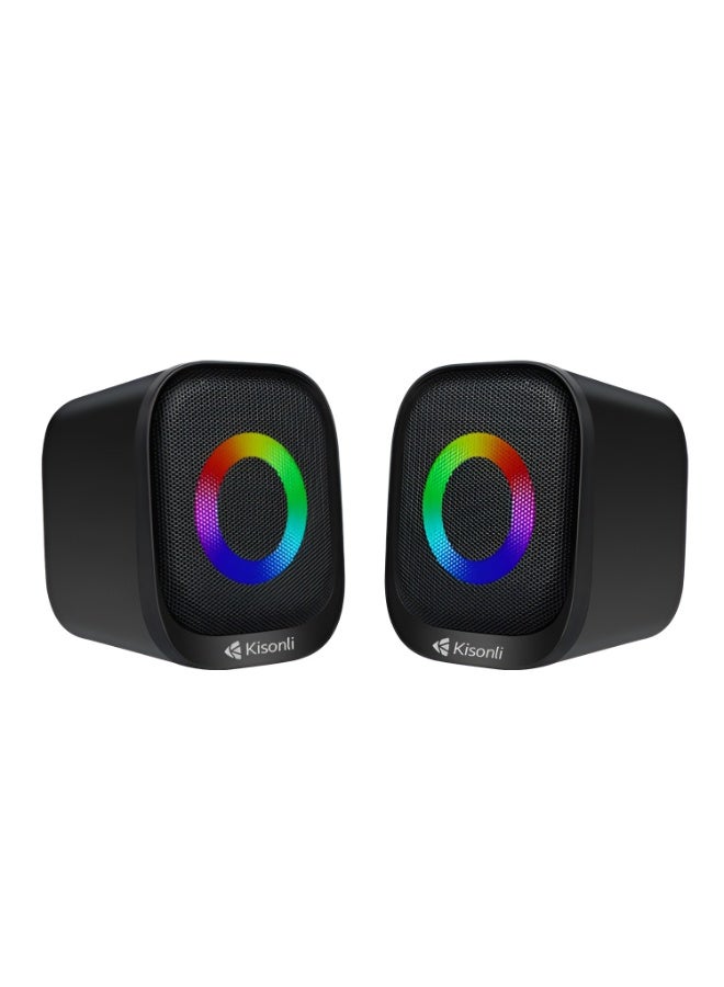 Kisonli X3 Multimedia USB 2.0 Speaker - High-Quality 2.0 Stereo Sound - Circular Breathing RGB Lighting - Music, Game, and Movie Mode - Black - Image 2