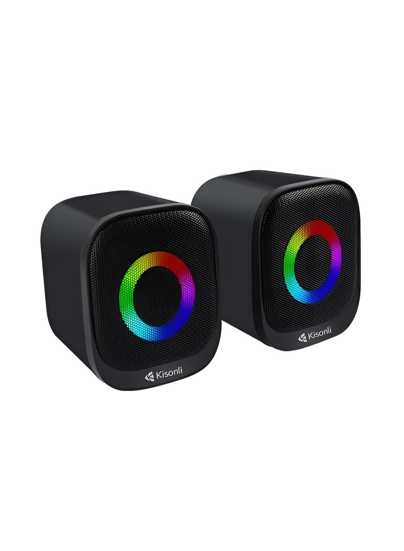 Kisonli X3 Multimedia USB 2.0 Speaker - High-Quality 2.0 Stereo Sound - Circular Breathing RGB Lighting - Music, Game, and Movie Mode - Black - Image 1