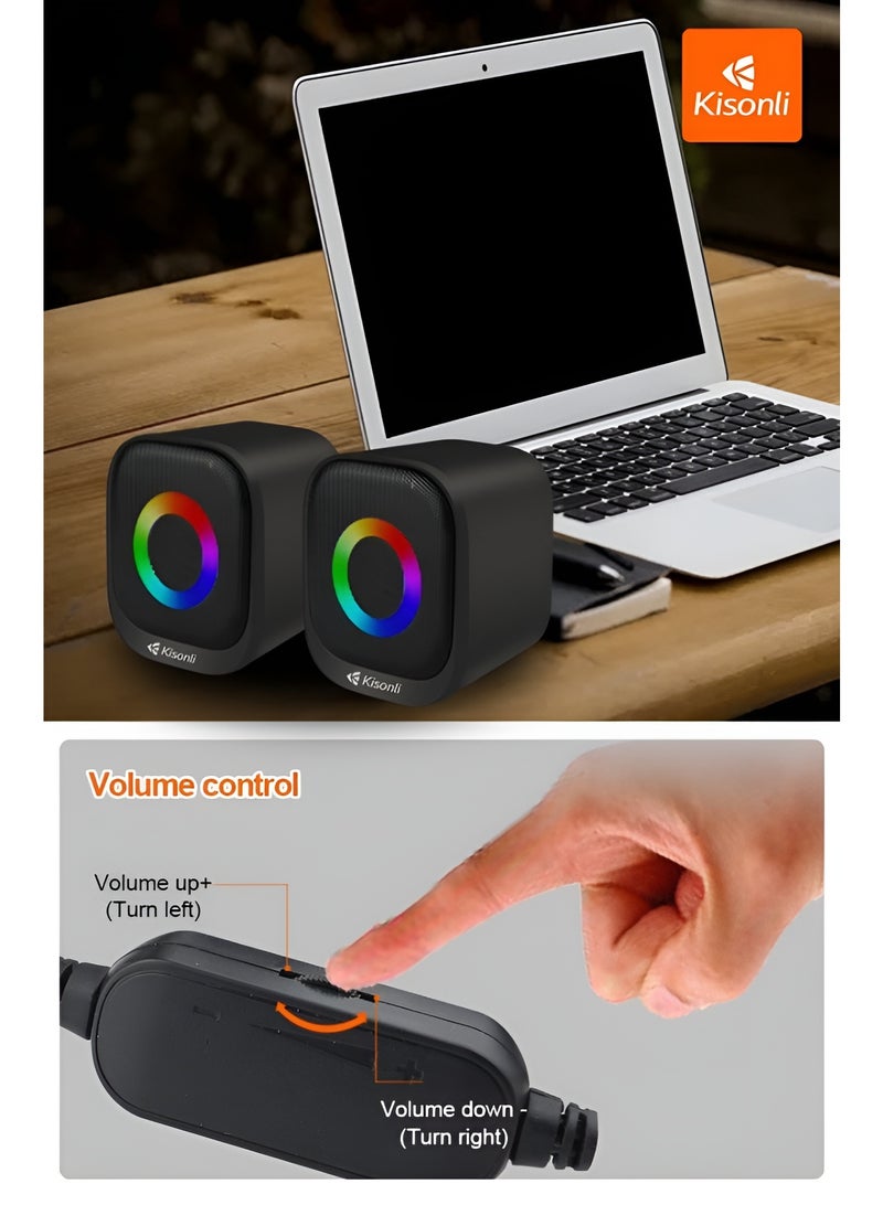 Kisonli X3 Multimedia USB 2.0 Speaker - High-Quality 2.0 Stereo Sound - Circular Breathing RGB Lighting - Music, Game, and Movie Mode - Black - Image 5
