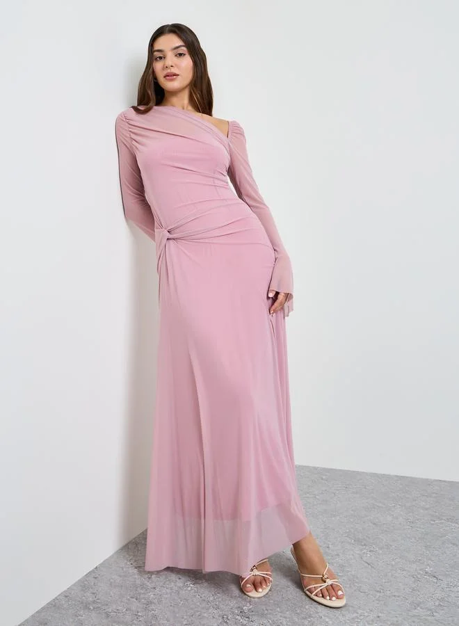 Take Two Pink Gathered Asymmetric Neck Maxi Dress
