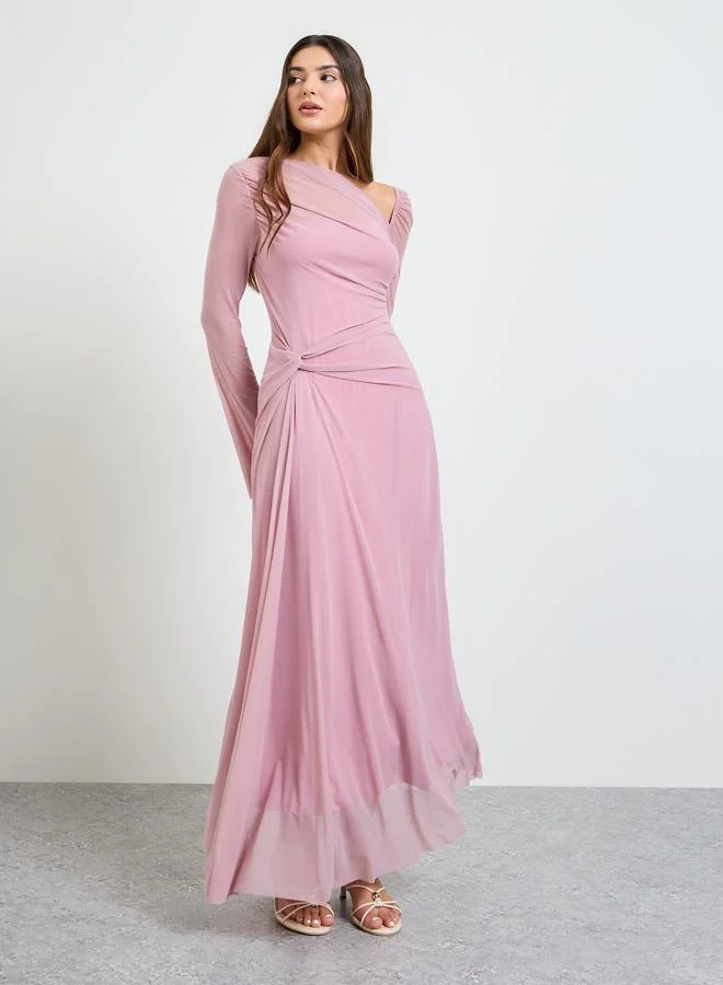 Take Two Pink Gathered Asymmetric Neck Maxi Dress