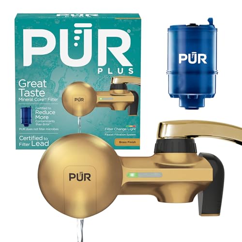 PUR Plus Faucet Mount Water Filtration System with Mineral Core Filter, Horizontal, Brass, PFM410F - Image 1