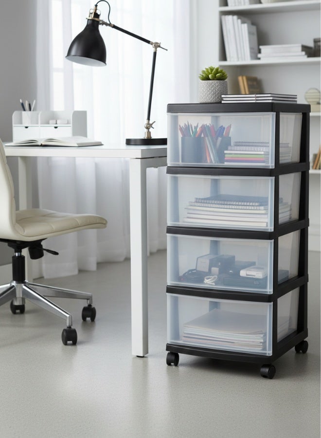 Marcolo 4-Layer Black Plastic Storage Drawers Cabinet with Wheels Multi-Purpose Organizer with 4 Spacious Pull-Out Drawers Durable Storage Unit for Clothes, Toys, Office & Home - Image 4
