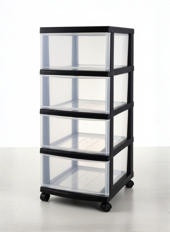 Marcolo 4-Layer Black Plastic Storage Drawers Cabinet with Wheels Multi-Purpose Organizer with 4 Spacious Pull-Out Drawers Durable Storage Unit for Clothes, Toys, Office & Home - Image 1
