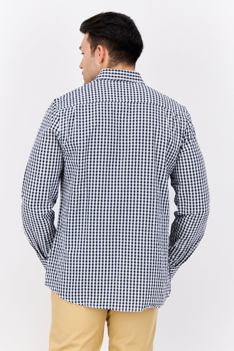 Peter Werth Men Regular Fit Gingham Pattren Long Sleeve Casual Shirts, Navy/White - Image 3