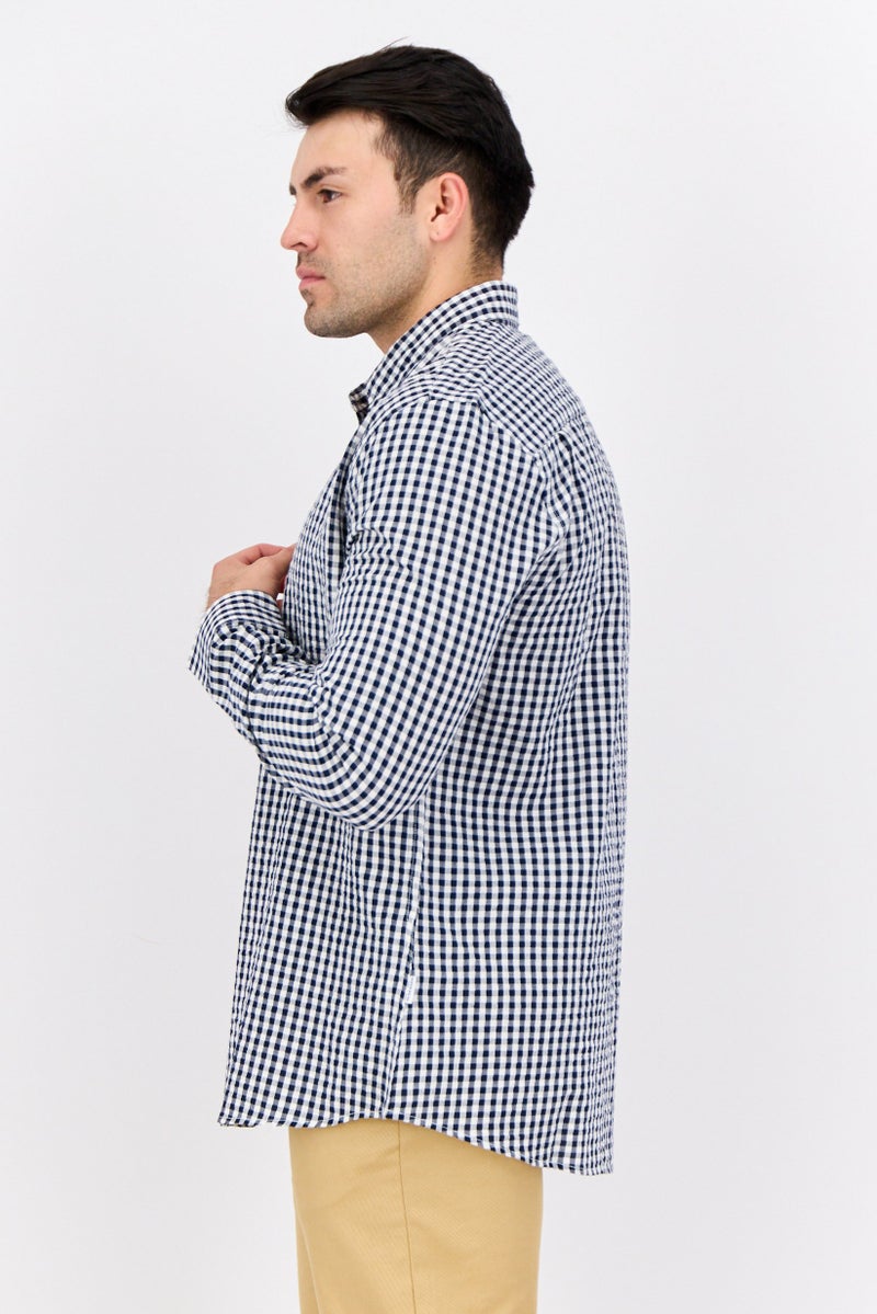Peter Werth Men Regular Fit Gingham Pattren Long Sleeve Casual Shirts, Navy/White - Image 4