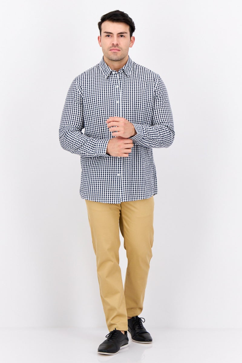 Peter Werth Men Regular Fit Gingham Pattren Long Sleeve Casual Shirts, Navy/White - Image 2
