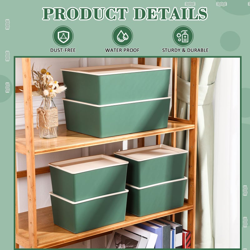 Menkxi 6 Pcs Large and Small Plastic Storage Bins with Lids 14.4 x 10.4 x 5.1 Inch Stackable Storage Containers Decorative Cubby Organizer for Clothes Shelves Garage Closet Office(Green) - Image 3