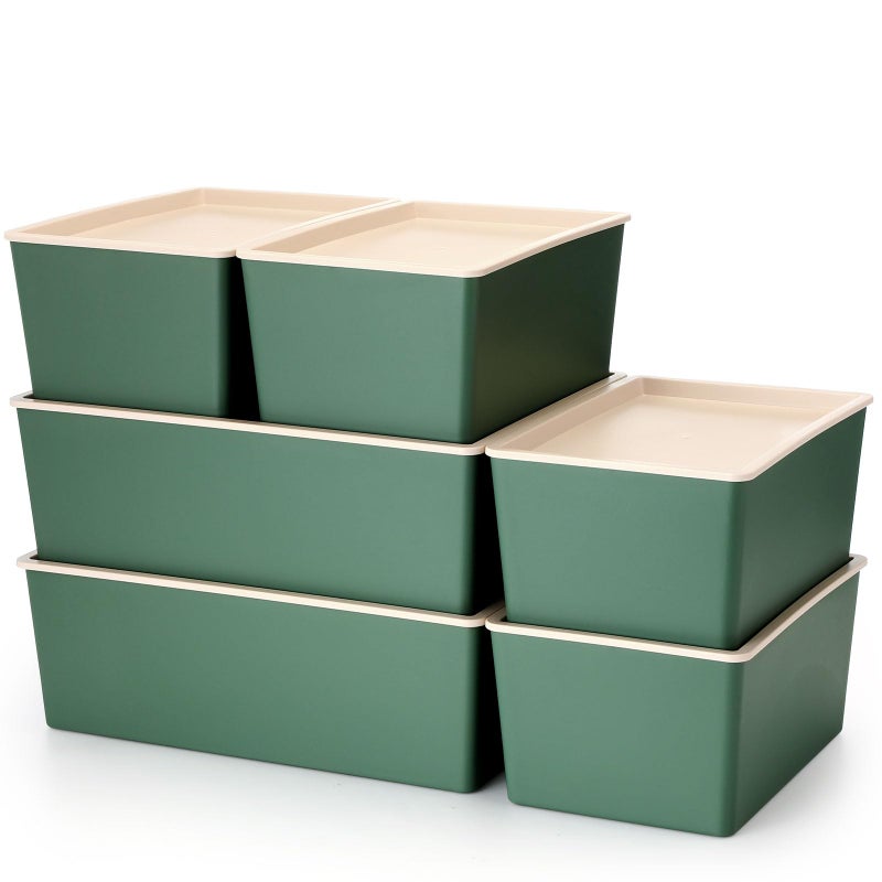 Menkxi 6 Pcs Large and Small Plastic Storage Bins with Lids 14.4 x 10.4 x 5.1 Inch Stackable Storage Containers Decorative Cubby Organizer for Clothes Shelves Garage Closet Office(Green) - Image 1