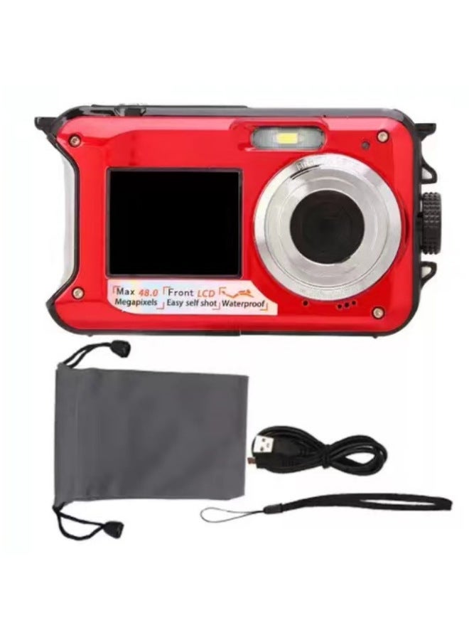 Outdoor Single Underwater Camera Full HD 2.7K 48MP Waterproof Snorkeling Dual Screen Waterproof Camera Digital-Color:Standard Red Japanese  - Image 2