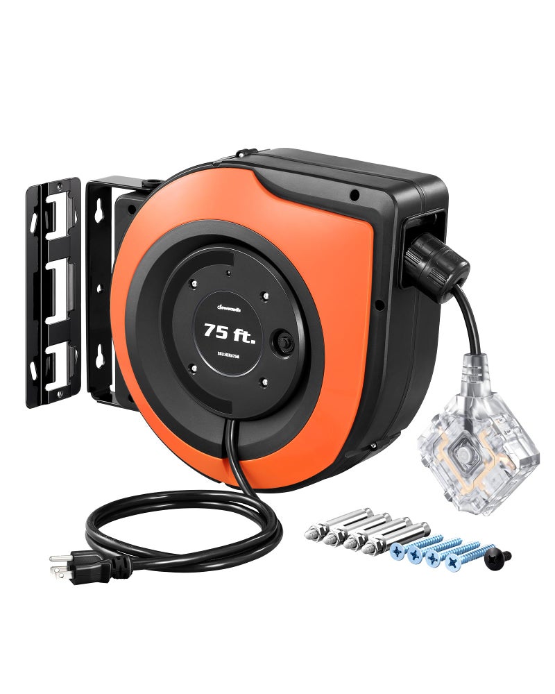 DEWENWILS 75 FT Retractable Extension Cord Reel, 14/3C SJTOW Heavy Duty Power Cord with New Twist-Lock Stopper, 6 Grounded Outlets, Lighted Triple Tap, 10A Circuit Breaker, ETL Listed - Image 1