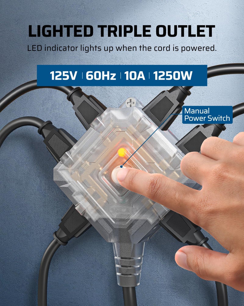 DEWENWILS 75 FT Retractable Extension Cord Reel, 14/3C SJTOW Heavy Duty Power Cord with New Twist-Lock Stopper, 6 Grounded Outlets, Lighted Triple Tap, 10A Circuit Breaker, ETL Listed - Image 2