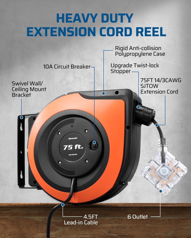 DEWENWILS 75 FT Retractable Extension Cord Reel, 14/3C SJTOW Heavy Duty Power Cord with New Twist-Lock Stopper, 6 Grounded Outlets, Lighted Triple Tap, 10A Circuit Breaker, ETL Listed - Image 5