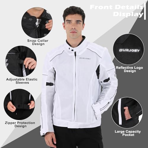 Burjosy Mesh Motorcycle Jacket for Men, Summer Motorbike Biker Jacket, Reflective Lightweight Breathable Riding Jacket Protective Gear Armored - Image 2