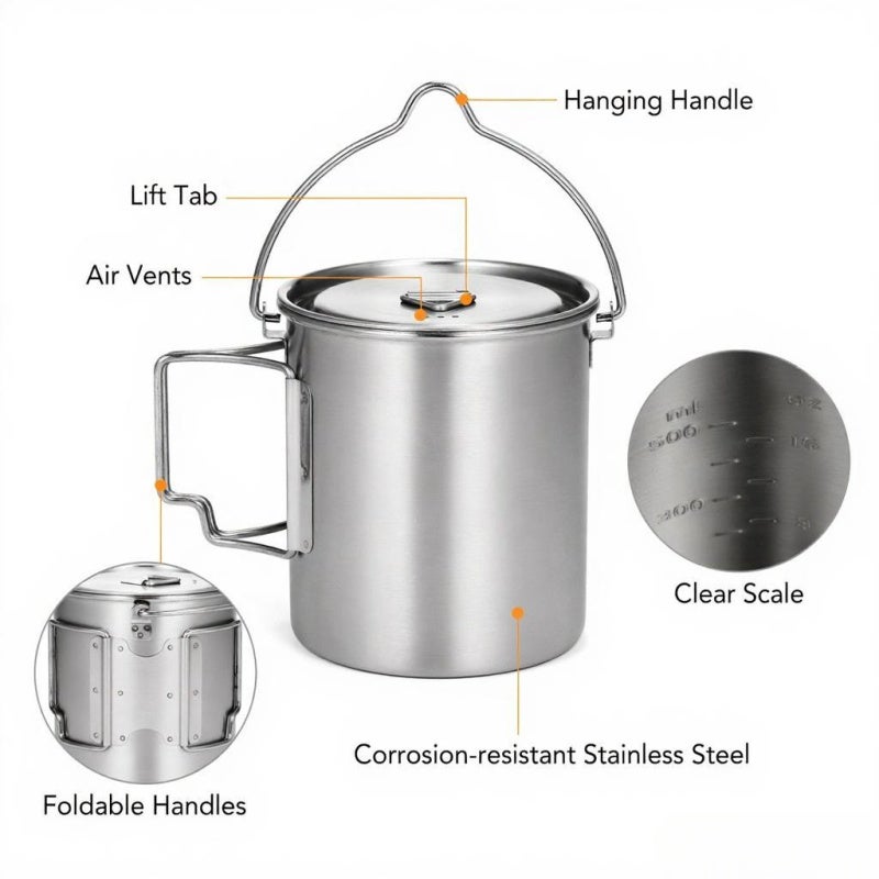 Stainless Steel Camping Cup 750ml Corrosion-Resistant Durable - Foldable Grip Handle With Lid Camping Pot for Outdoor Camping Hiking Backpacking - Image 2